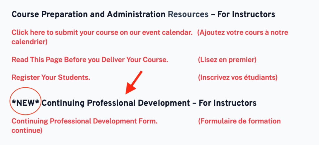 Red arrow pointing to black text that say Continuing professional development for Instructors, to show them where it is in their account profile.